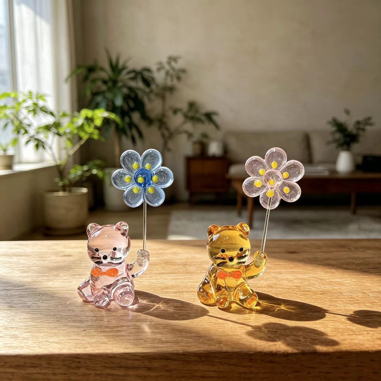Paper Weight Crystal - ที่ทับกระดาษรูปแมวแก้วสไตล์ญี่ปุ่นพร้อมรูปปั้นดอกไม้ ของตกแต่งบ้าน ของสะสมงานศิลปะ