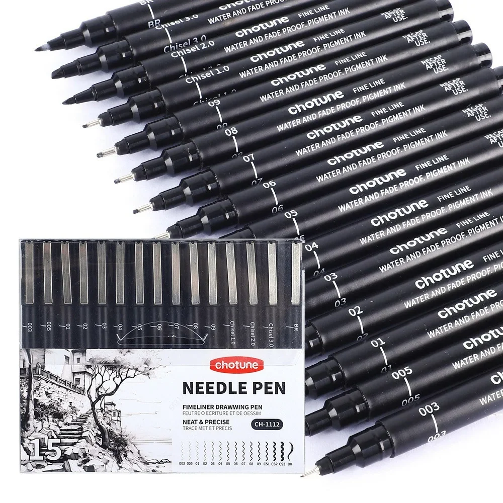 Correction Pen Fine - ปากกาไมโครสีดำ, 15 ขนาด, หมึกกันน้ำสำหรับจดบันทึก, ปากกาหัวแหลมสำหรับศิลปิน, การวาดภาพประกอบ,